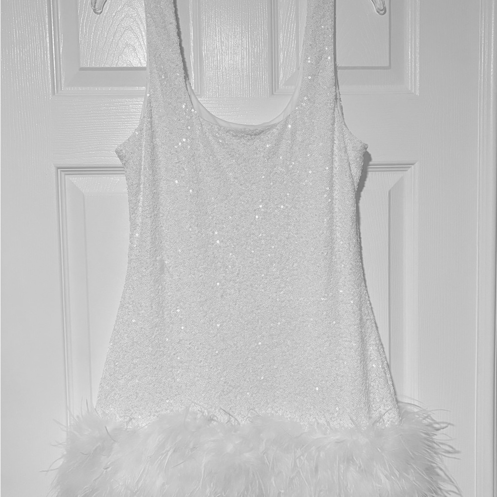 Pepper Mayo NWT White Sequin Dress with Feather Hem